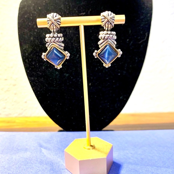 Silver Tone & Blue Stone Earrings - Picture 2 of 4
